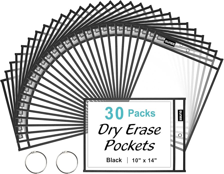 SUNEE 30 Packs Oversized Reusable Dry Erase Pocket Sleeves with 2 Rings, Black 10x14 Ticket Holde... | Amazon (US)