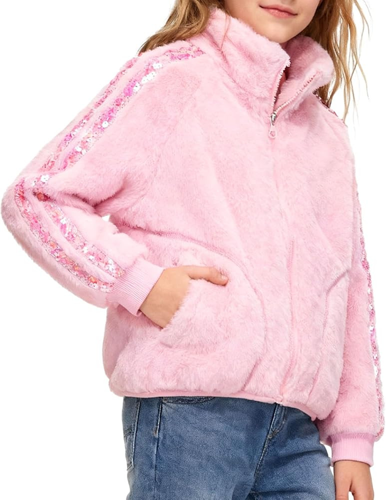 WELAKEN Fleece Jacket for Girls Kids Sparkle Soft Plush Full Zip Jacket with Pockets | Amazon (US)
