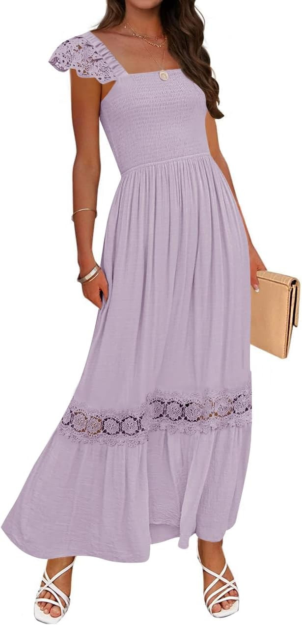 ZESICA Women's 2026 Summer Lace Strap Sleeveless Square Neck Smocked High Waist Ruffle Hollow Out... | Amazon (US)