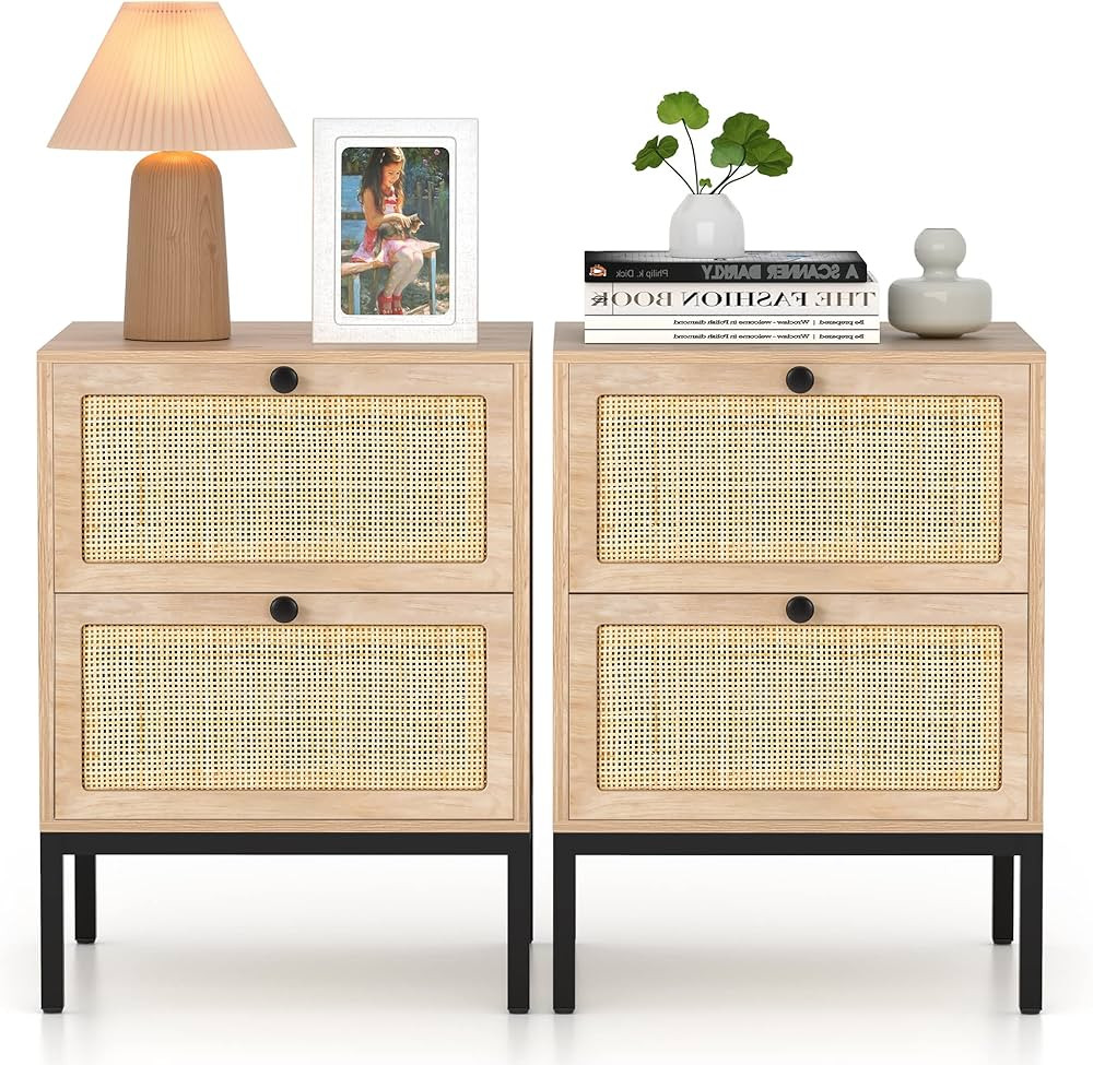 XIAO WEI Rattan Nightstands Set of 2 with Hand-Woven Natural Rattan Drawers, Bedside Tables, Boho... | Amazon (US)