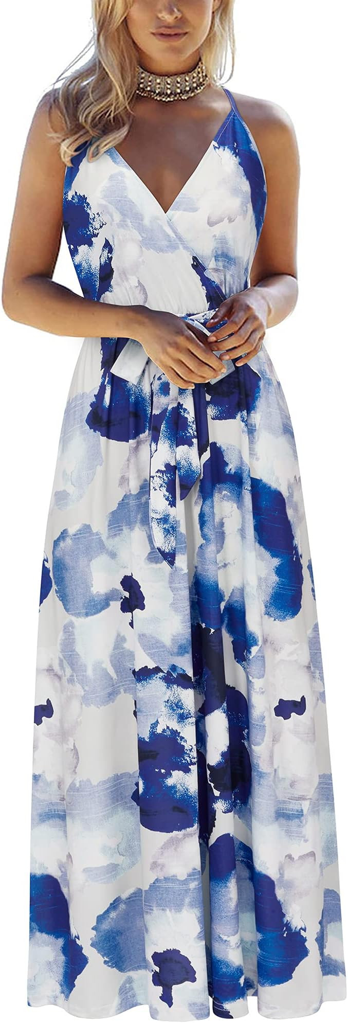 OUGES Womens Summer Maxi Dress V Neck Floral Adjustable Spaghetti Strap Beach Dresses with Pocket... | Amazon (US)