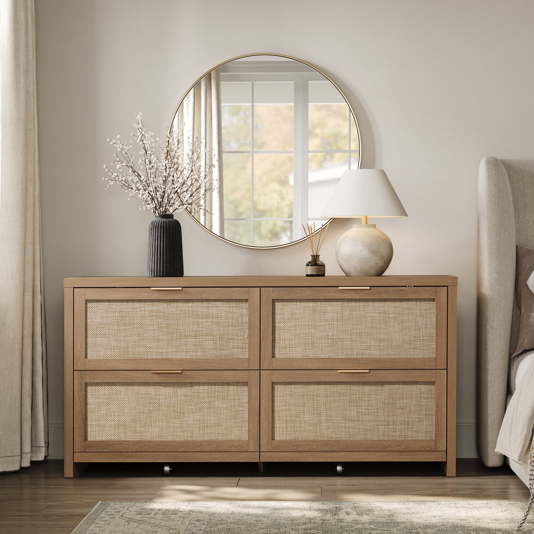 SICOTAS 4 Drawer Dresser for Bedroom, 60.83" Wide Rattan Dressers with Gold Handles & Rolling Whe... | Walmart (US)