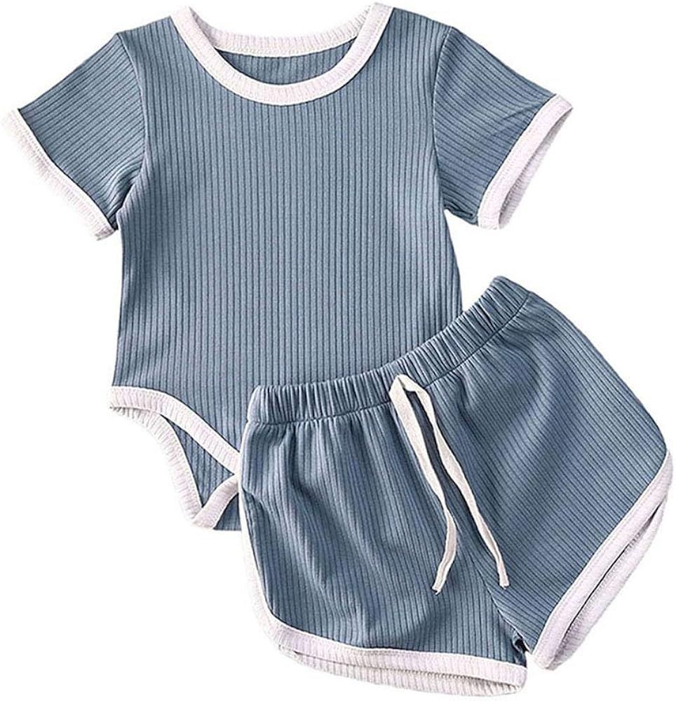 Newborn Baby Girls Boys Summer Shorts Set Knitted Ribbed Short Sleeve Romper Bodysuit + Short Pan... | Amazon (US)