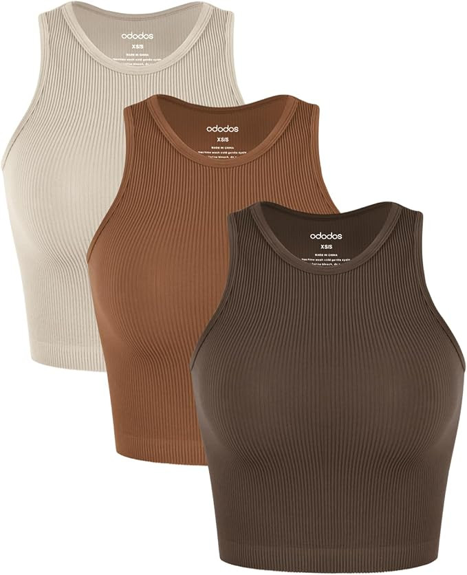 ODODOS 3-Pack Seamless Crop Tank for Women Ribbed Soft High Neck Cropped Tops | Amazon (US)
