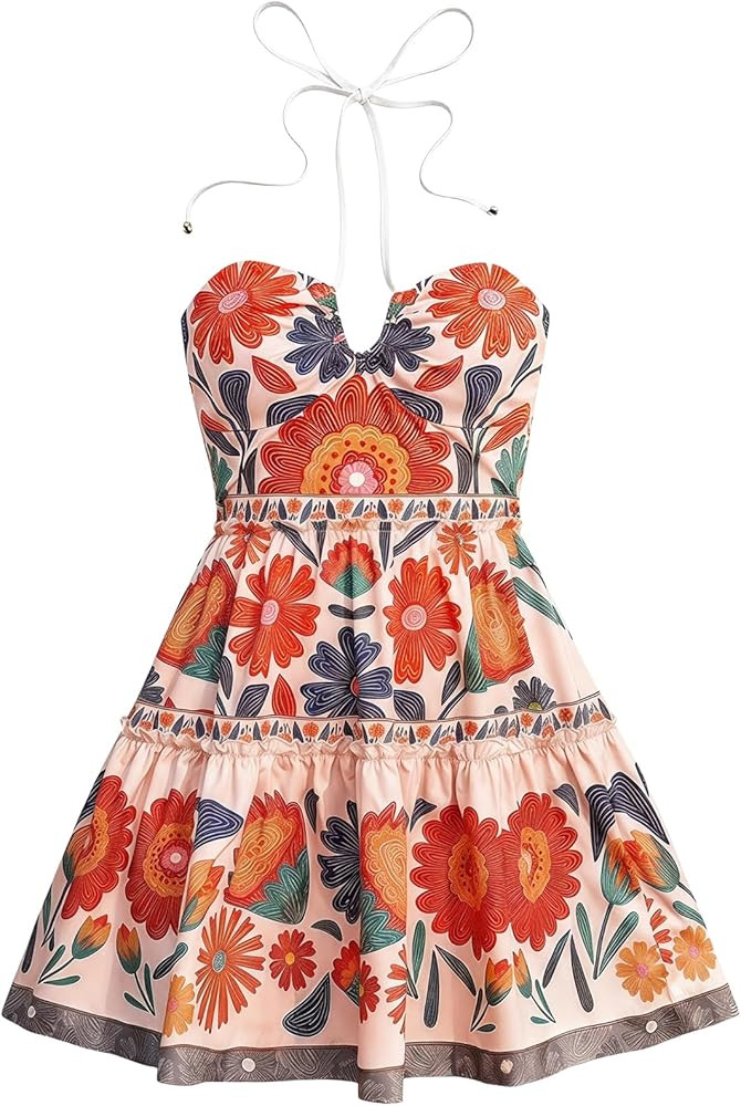 Floerns Women's Floral Sleeveless Halter Dress Milkmaid Flare Hem Boho Mini Dress | Amazon (US)