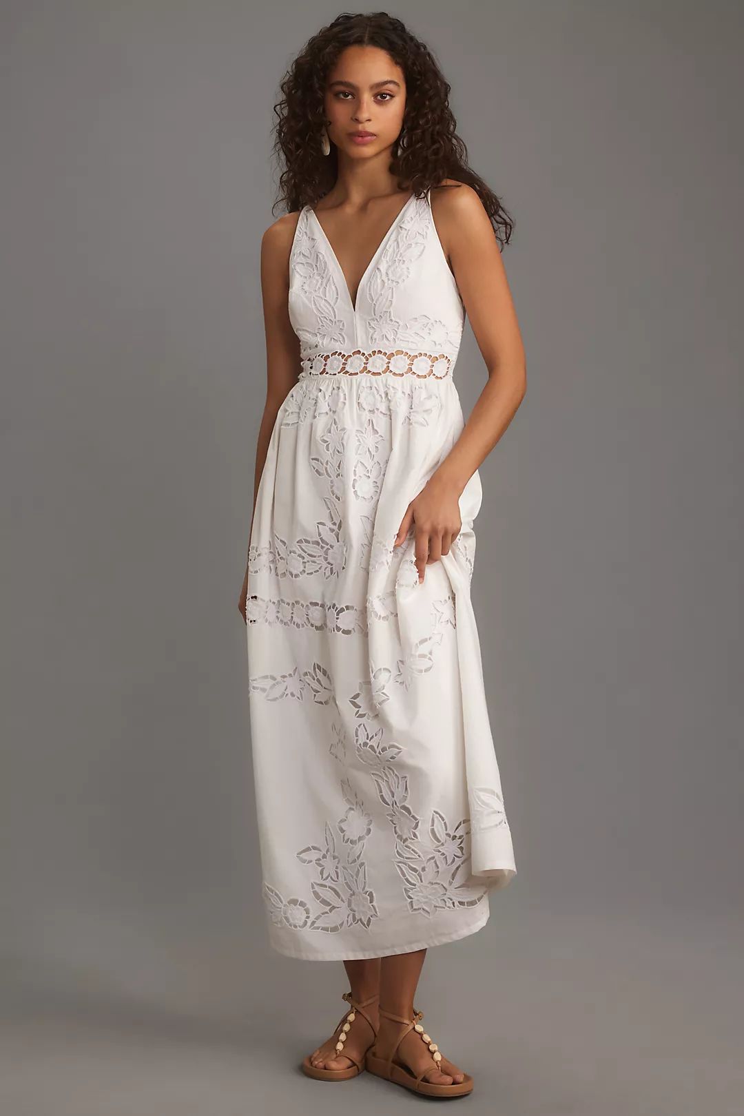 Vineet Bahl Sleeveless V-Neck Floral Cutwork Midi Dress | Anthropologie (US)