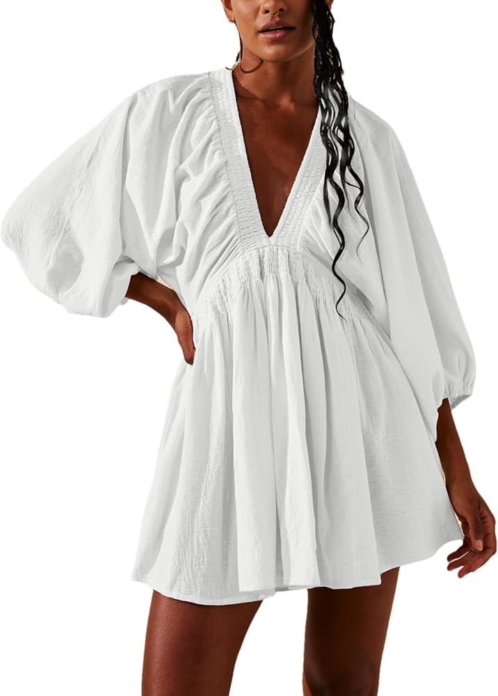 Women's Sexy Long Sleeve V Neck Tunic Dress Casual Loose Flowy Mini Swing Shift Dresses | Amazon (US)