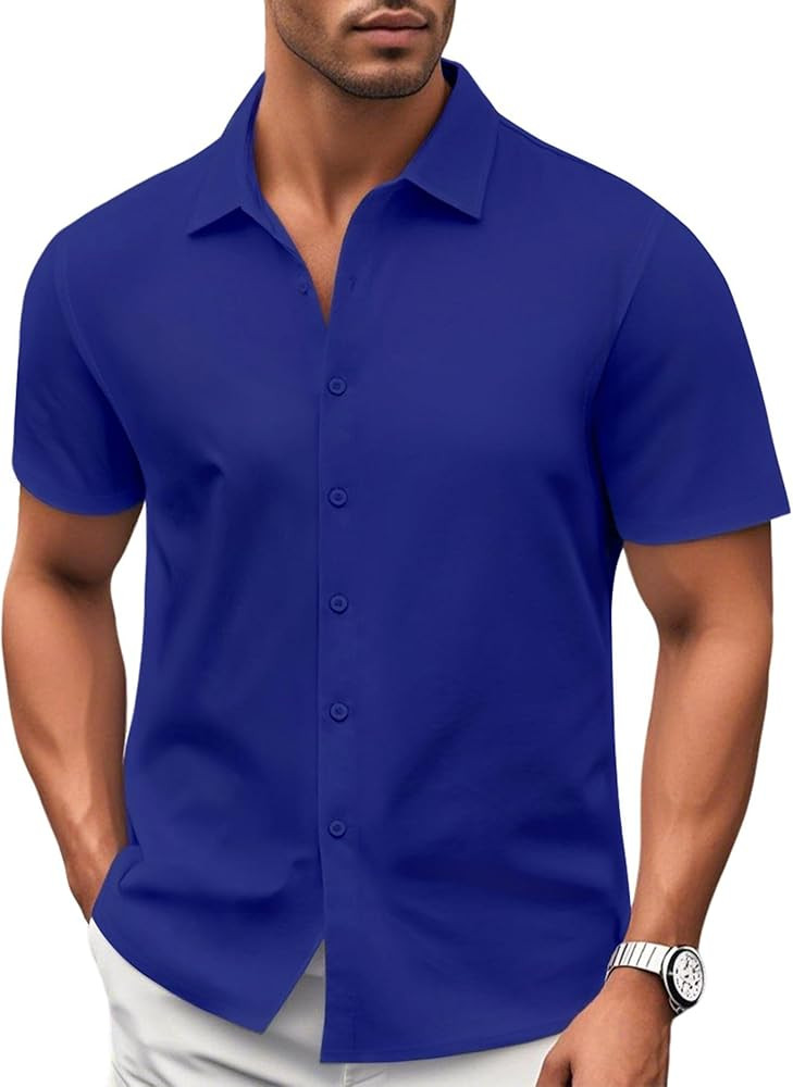 Mens Casual Button Down Shirts Short Sleeve Business Solid Summer Dress Shirt Heavyweight | Amazon (US)