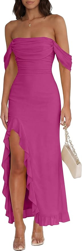 Amazon.com: Caracilia Womens Summer Off The Shoulder Formal Bodycon Maxi Dresses High Slit Ruffle... | Amazon (US)