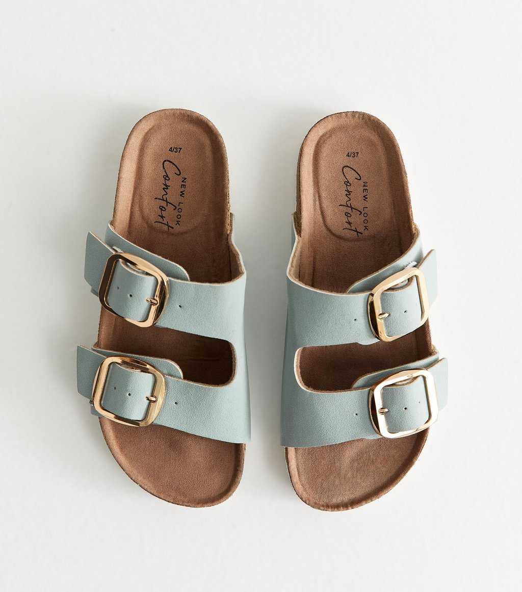 Light Blue Faux Leather Buckled Strap Flat Sandals | New Look | New Look (UK)