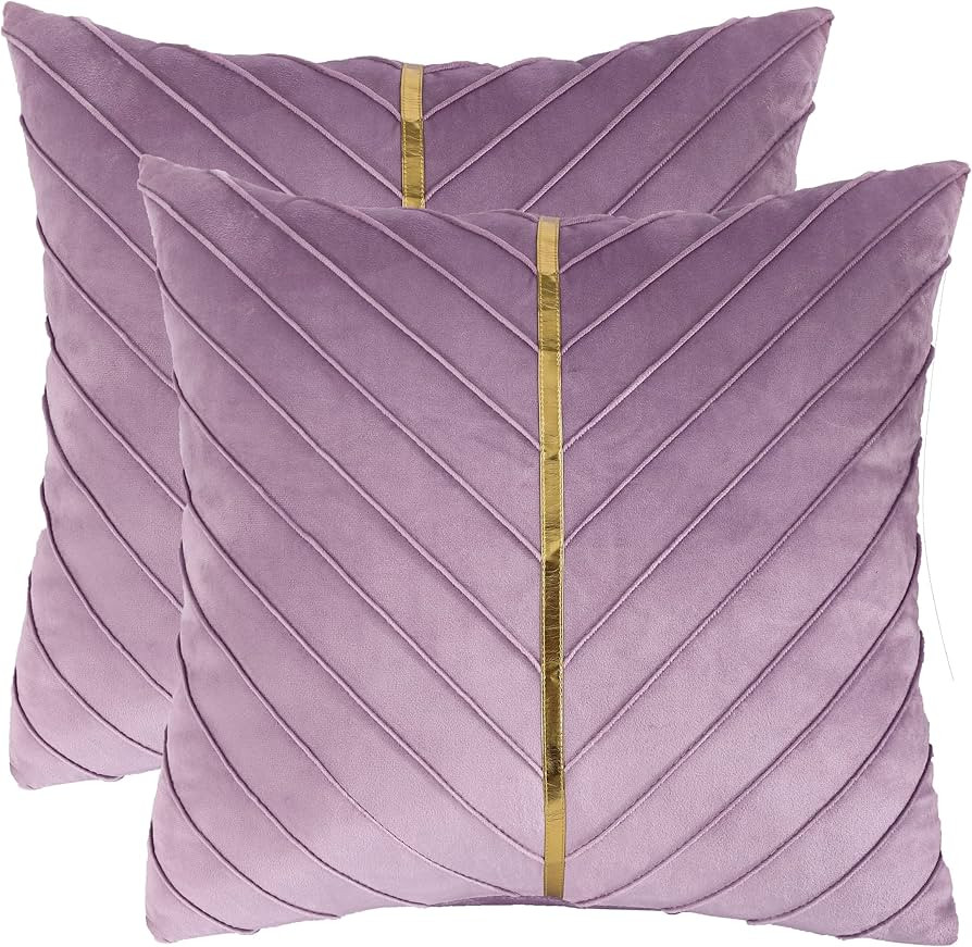 Purple Throw Pillow Covers 18 x 18 Pack of 2 with Gold Leather Soft Velvet Decorative Couch Pillo... | Amazon (US)