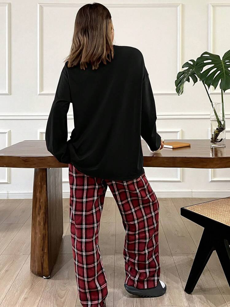 DAZY Casual Loose Fit Top And Plaid Pattern Pants Loungewear Set, Fall Winter Clothes Pajama, Cozy Outfit | SHEIN