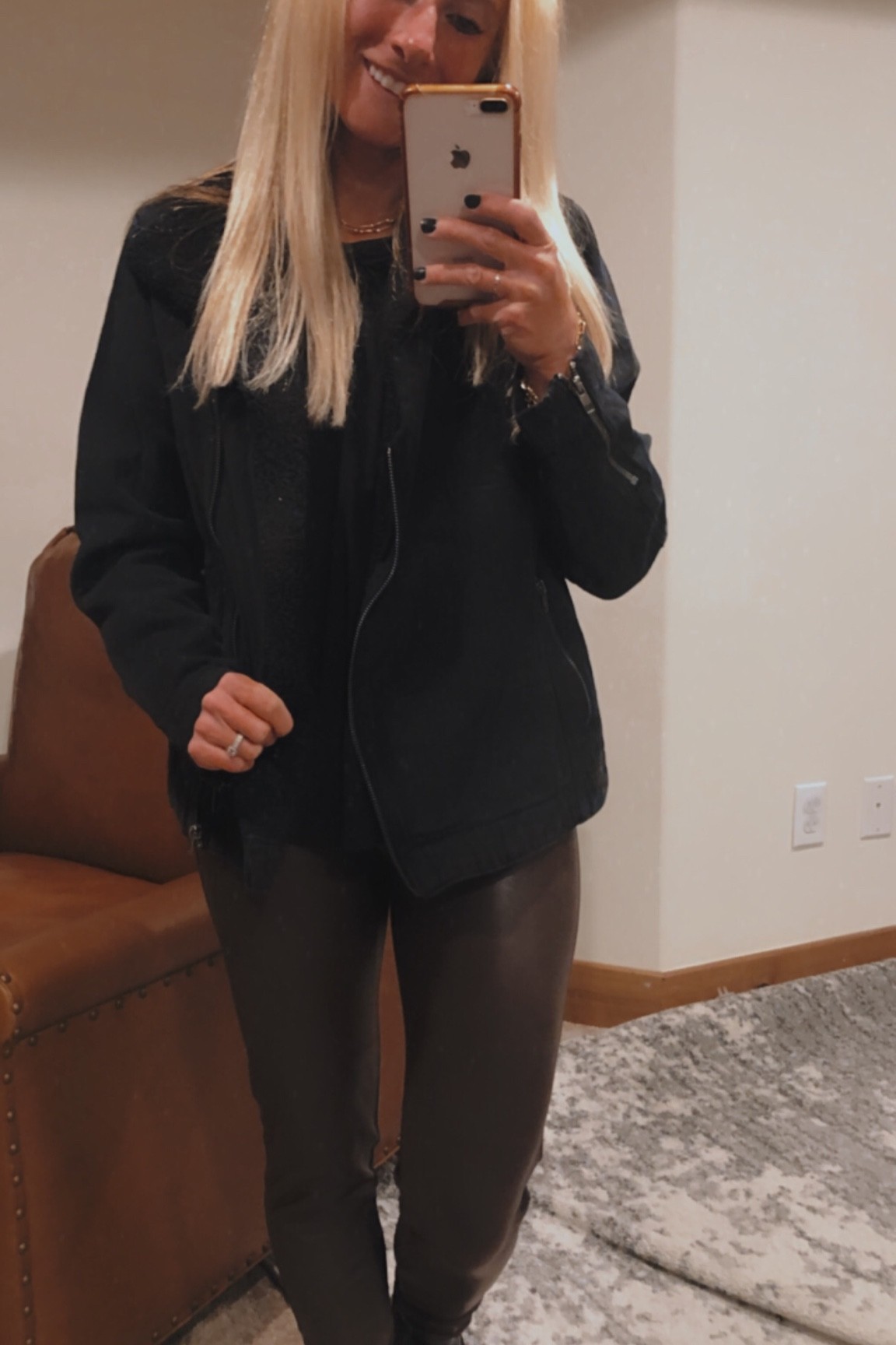 Walmart black denim jacket and brown leggings! 

#LTKbeauty #LTKunder50 #LTKstyletip