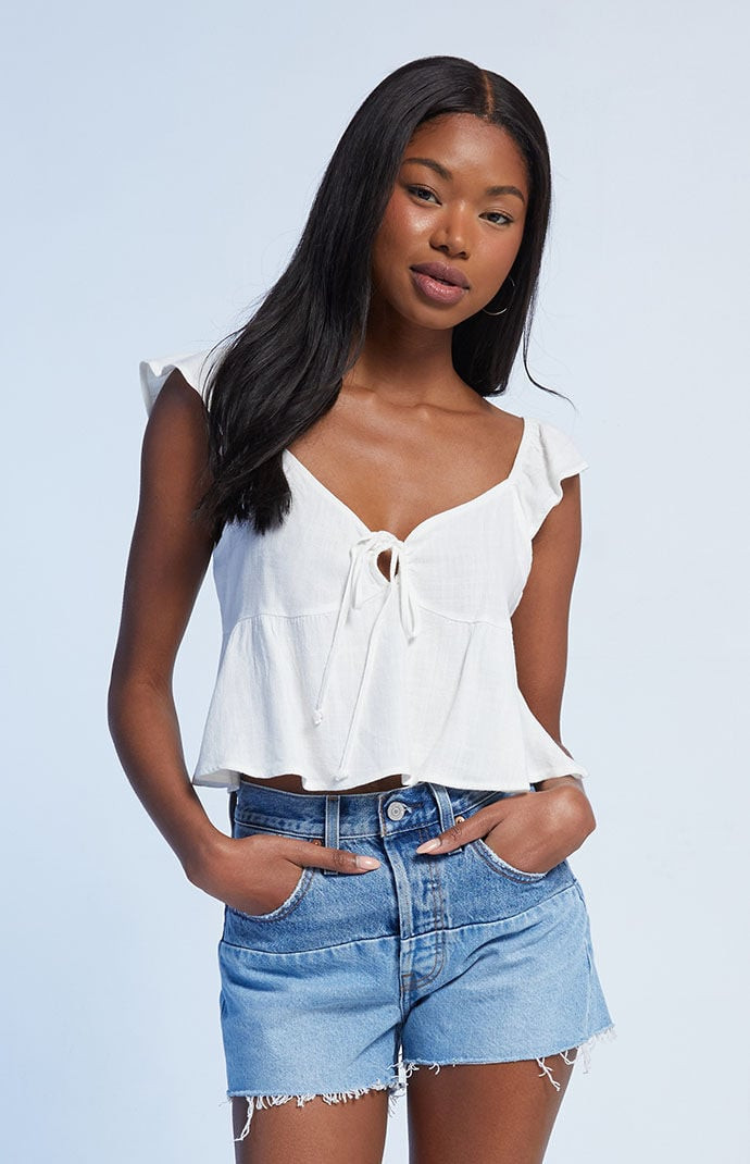 Women's Keyhole Linen Babydoll Top in White - Size Small | PacSun