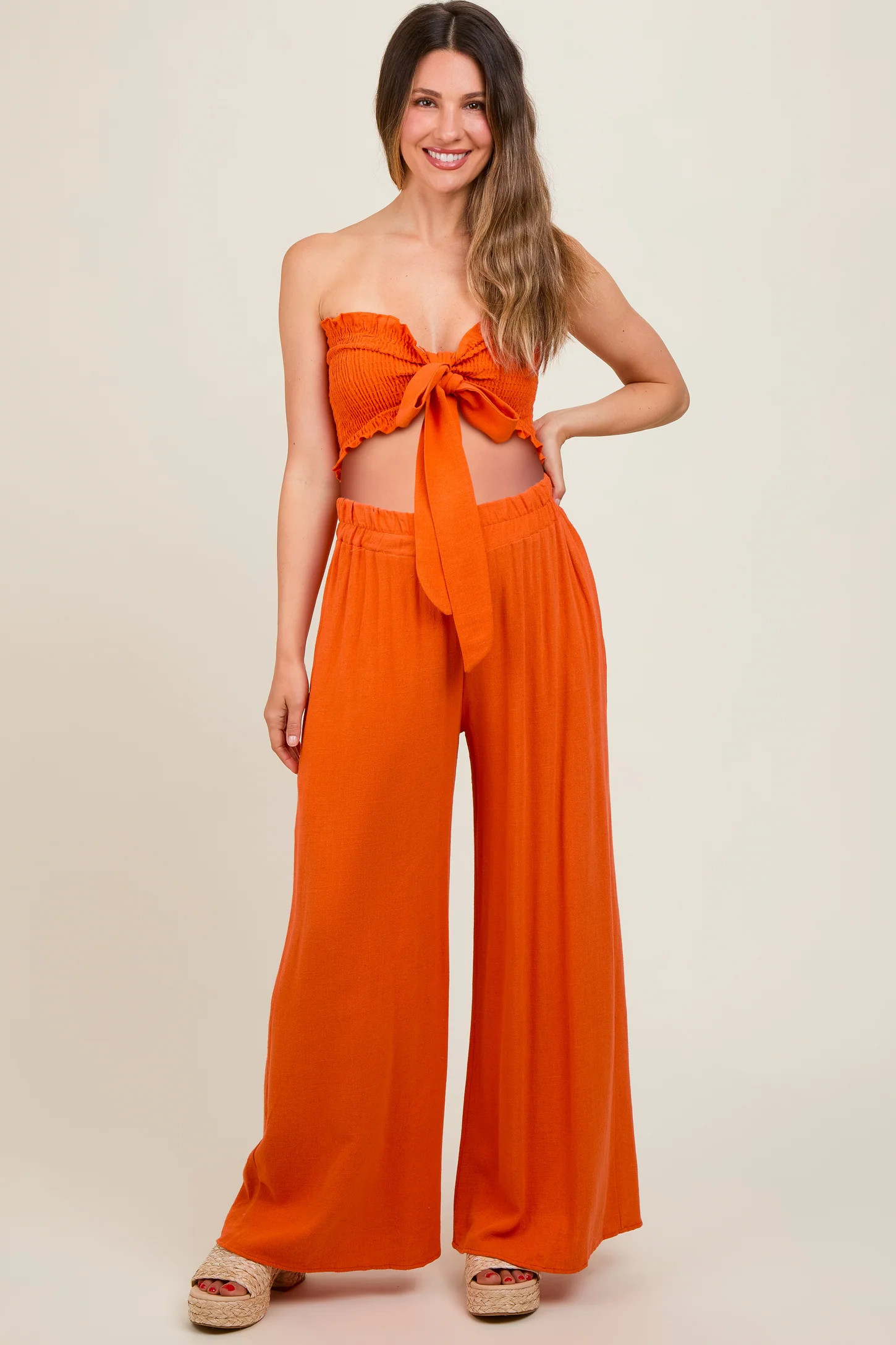 Orange Front Tie Crop Top and Pant Maternity Set | PinkBlush Maternity
