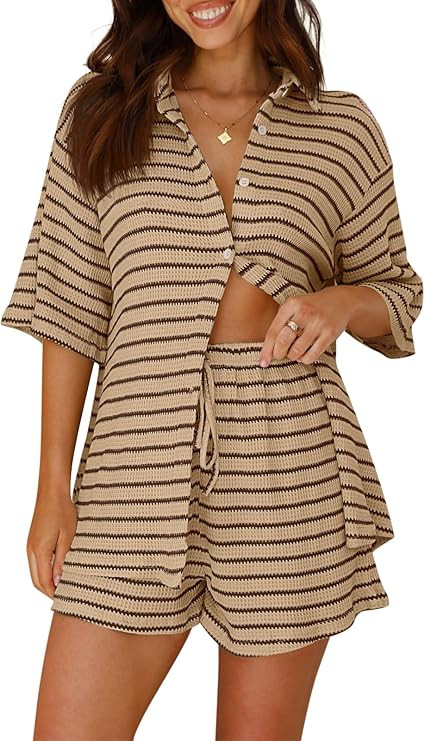 Tankaneo Womens Striped 2 Piece Sets Short Sleeve Button Down Shirt and Shorts Waffle Knit Pajama... | Amazon (US)