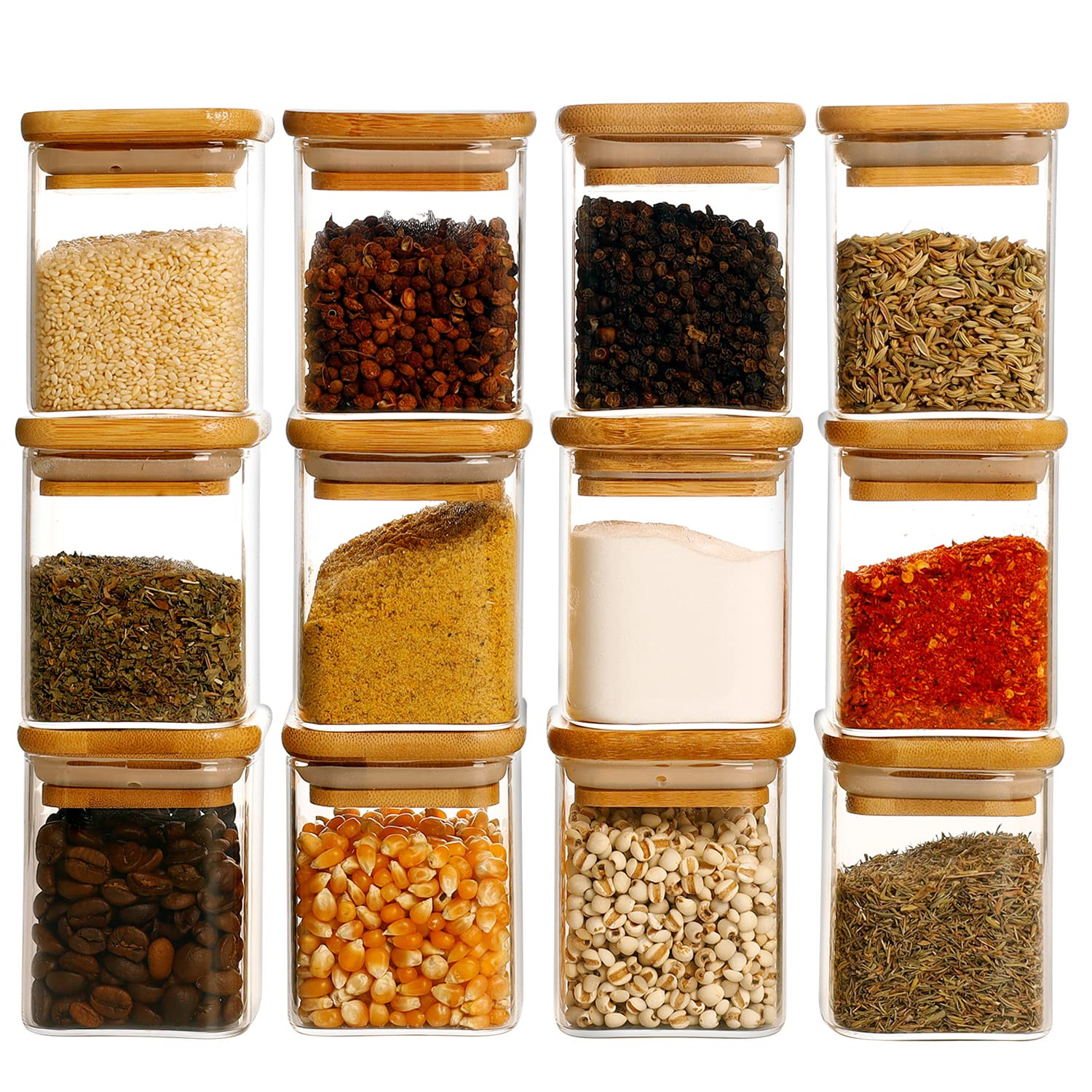 12 Pcs Square Glass Spice Jars with Natural Bamboo Lids - 5oz Airtight Herb Containers with 148 W... | Amazon (US)
