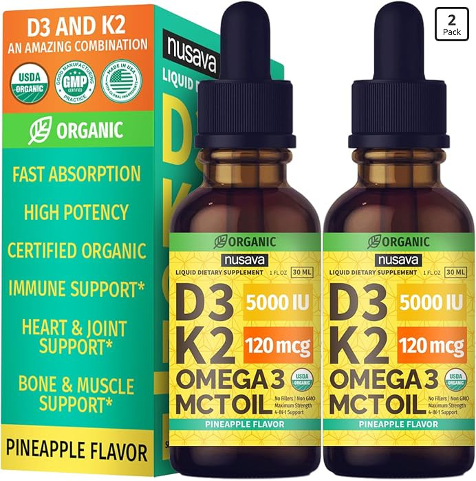 (2 Pack) Organic Vitamin D3 K2 Drops with MCT Oil & Omega 3 - Liquid Vitamin D3 5000 IU - K2 D3 V... | Amazon (US)