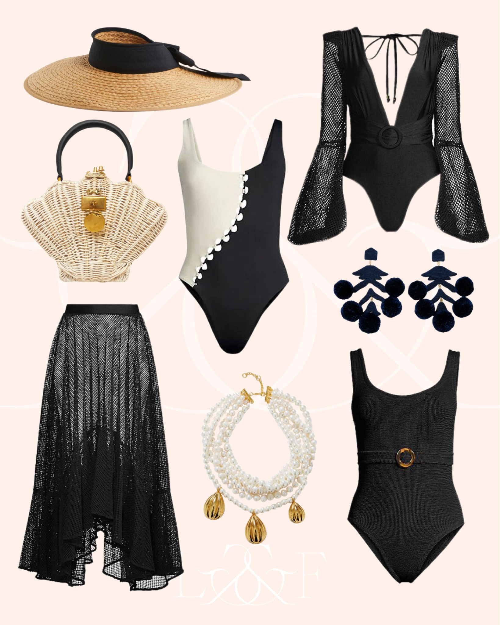 Black and white travel resort, favorites. Seashell woven bag. Statement earrings. 
H&M straw sun visor. Patbo swimsuit and cover up skirt. 

#LTKitbag #LTKtravel #LTKswim