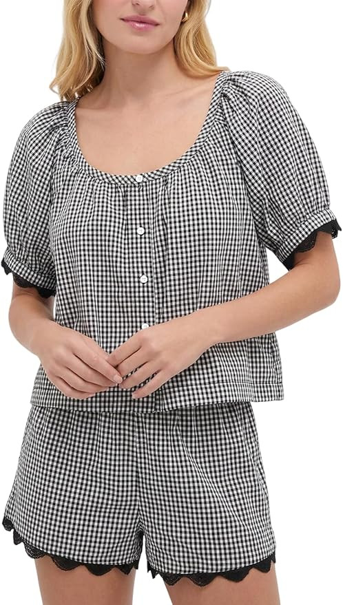 Womens Gingham Set Plaid 2 Piece Sets Summer Matching Set Cotton Puff Sleeve Top Shorts Pajama Se... | Amazon (US)