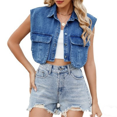 Sleeveless Cropped Denim Vest Collared Button-Front Patch Pocket Casual Jean Vest Dark Blue M | Target