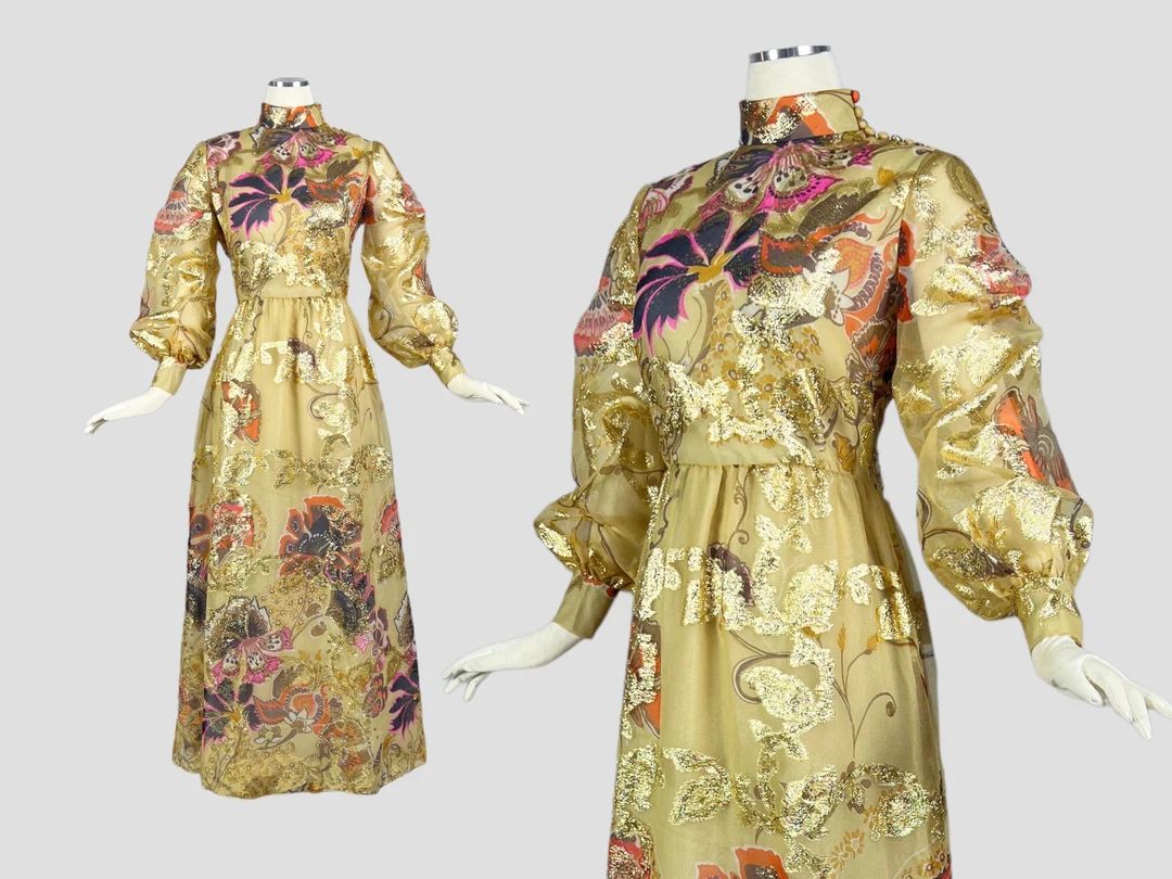 Vintage 1970s MALCOLM STARR Rizkallah Maxi Dress / metallic gold floral long designer hostess gow... | Etsy (US)