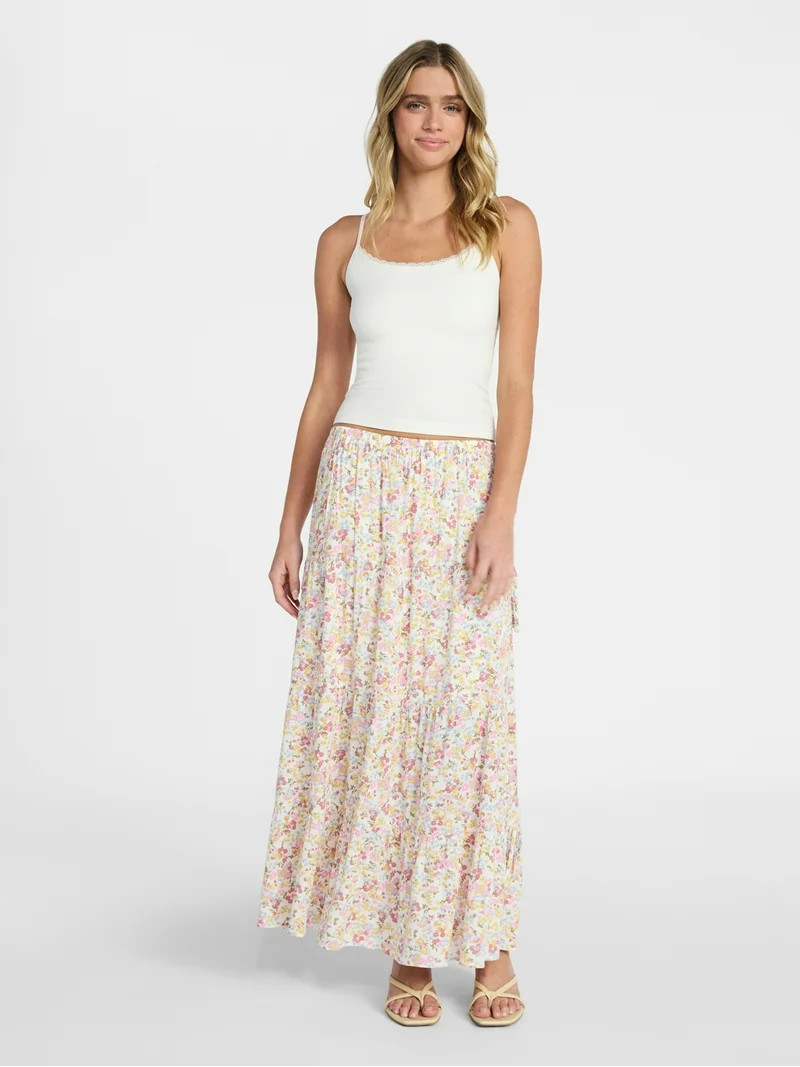 No Boundaries Side Tie Tiered Maxi Skirt, Women's and Women's Plus Sizes XXS-4X | Walmart (US)