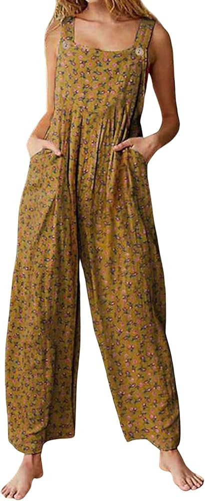 loveimgs Women's Loose Sleeveless Printed Bib Overalls Pockets Wide Leg Palazzo Pants Tank Jumpsu... | Amazon (US)