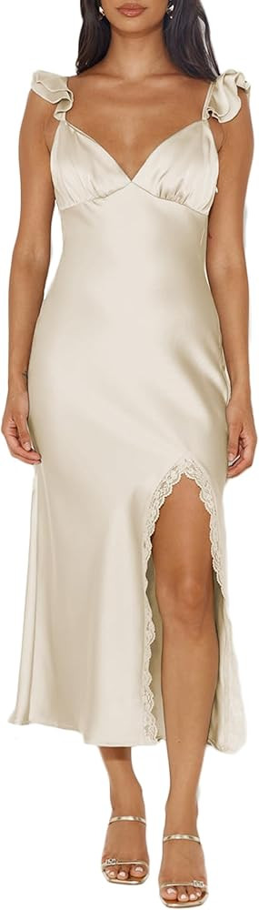 Summer Satin Lace Backless Spaghetti Strap Maxi Dress for Wedding Guest Silk Sleeveless V Neck Sl... | Amazon (US)
