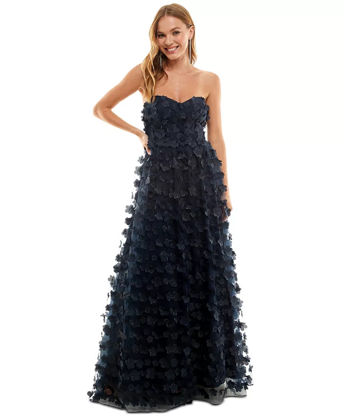 Juniors' 3D-Floral Lace-Up-Back Strapless Gown, Created for Macy's | Macys (US)