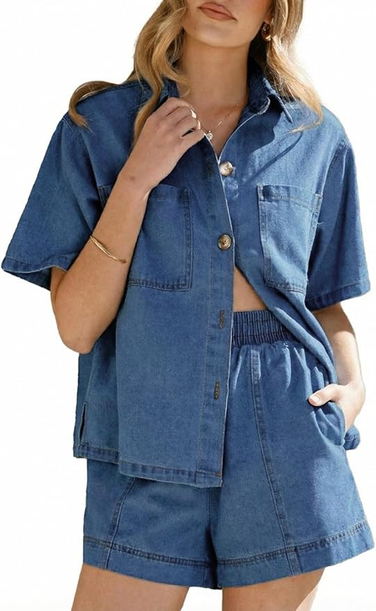 Sidefeel Womens 2 Piece Sets Denim Summer Outfits Comfy Short Sleeve Button Down Shirt High Waist... | Amazon (US)