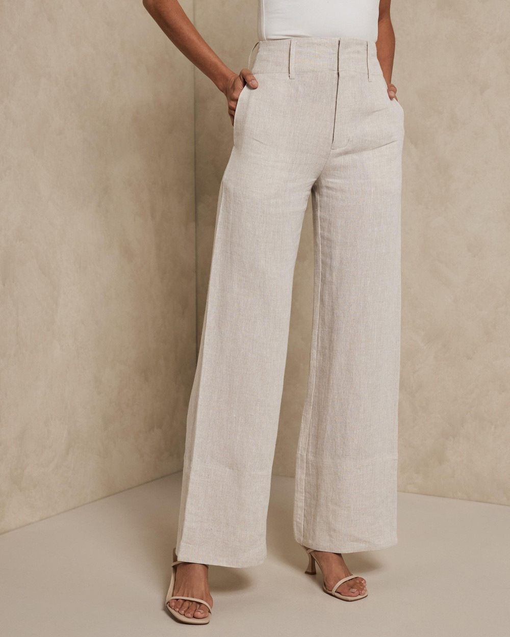 AERE - Linen Wide Leg Pants With Deep Waist Band - Pants (Oatmeal) Linen Wide Leg Pants With Deep Waist Band | THE ICONIC (AU & NZ)