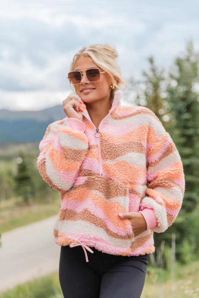 Playing For Keeps Pink and Orange Multi Printed Sherpa Pullover | Pink Lily