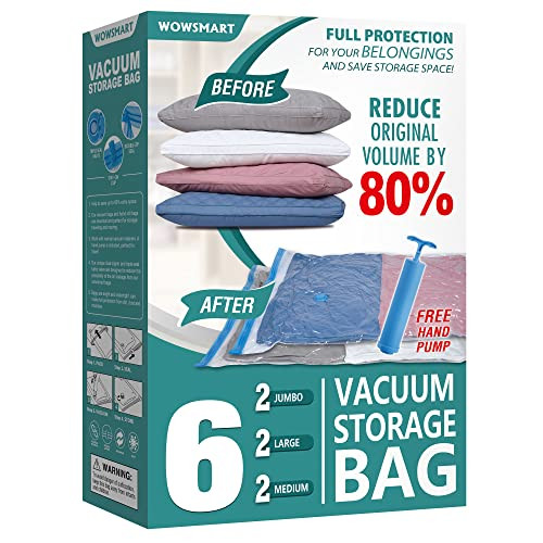 6 Space Saver Vacuum Storage Bags, Vacuum Sealed Storage Bags (2 Jumbo + 2 Large + 2 Medium) with Hand Pump, Vacuum Seal Bags for Clothing, Comforters, Pillows, Towel, Blanket Storage, Bedding | Amazon (US)