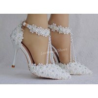 Handmade Pearl Wedding Shoes Lace Flower White Heels High-Heeled Bridal For Bridal/Bridesmaid | Etsy (US)