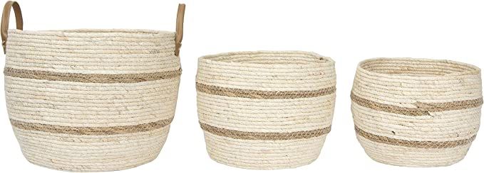 Amazon.com: Creative Co-Op Beige & Brown Maize Baskets with Leather Handle (Set of 3 Sizes) Wicke... | Amazon (US)
