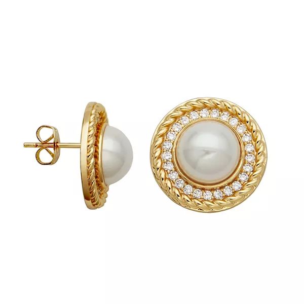 Sarafina 14k Gold Plated Simulated Pearl & Cubic Zirconia Accent Halo Stud Earrings | Kohl's