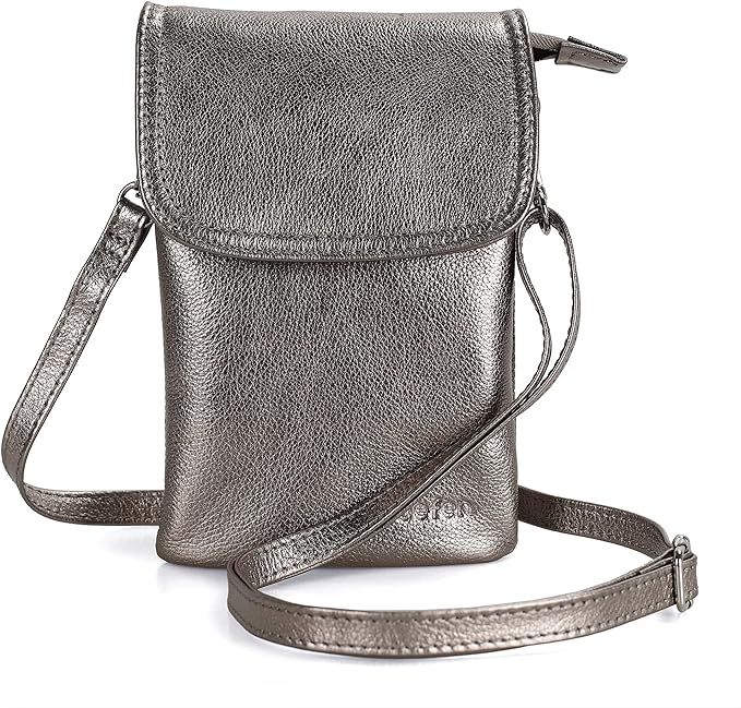 befen Genuine Leather Small Cell Phone Crossbody Bag Purses for Women Cross Body, Silver Zipper | Amazon (US)