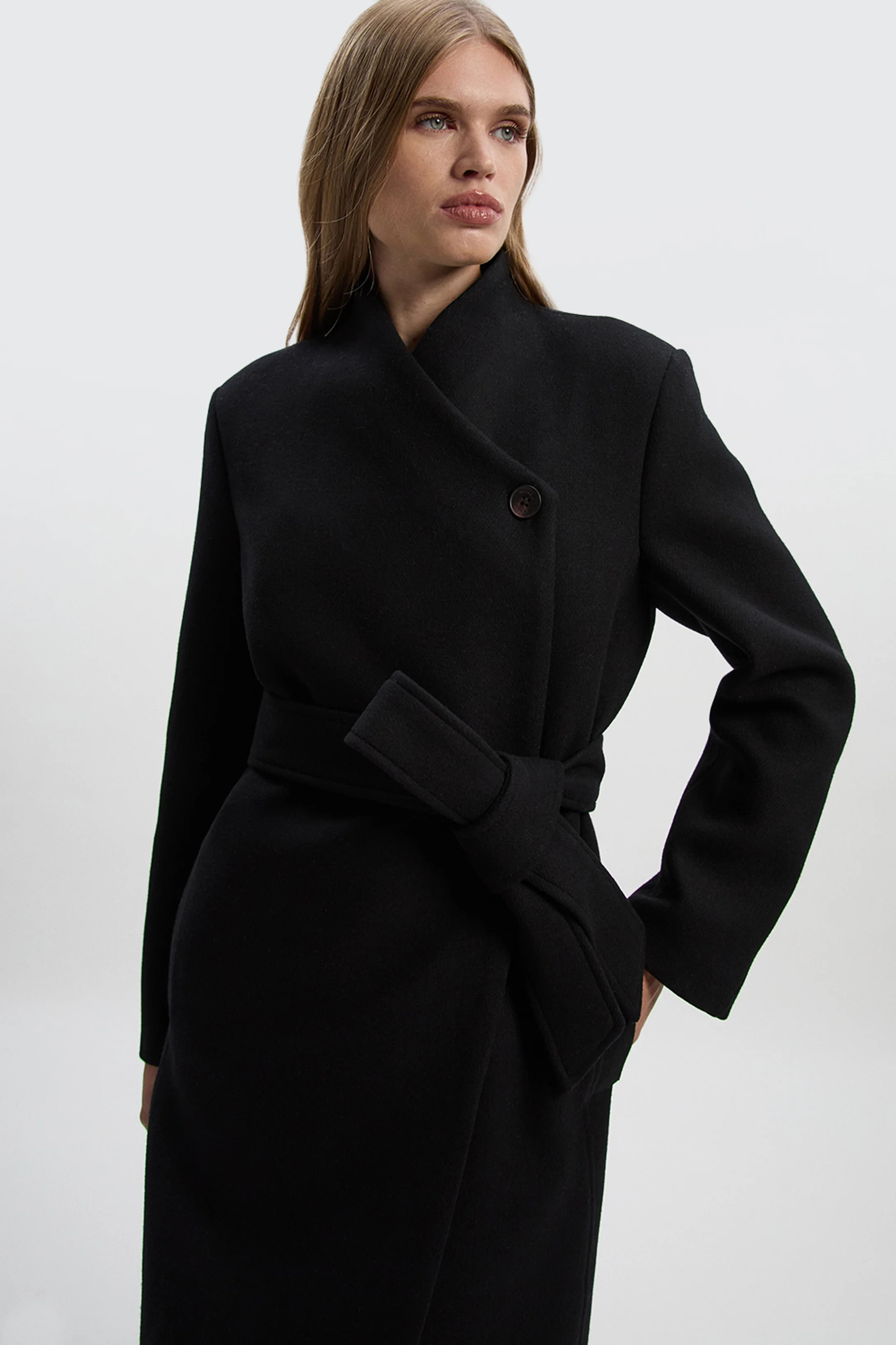 Wool Wrap Neck Tailored Belted Midi Coat | Karen Millen UK + IE + DE + NL