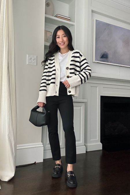 Petite friendly casual spring outfit , swap the bag for a tote for workwear 

• Everlane tee xs (I size up)

• Ann Taylor audrey crop pant 0P

• Sezane striped wilson cardigan xxs

• BCBG chunky loafers 5

• Polene bag (linked similar)

#petite spring casual outfits 

#LTKworkwear #LTKSeasonal #LTKfindsunder100