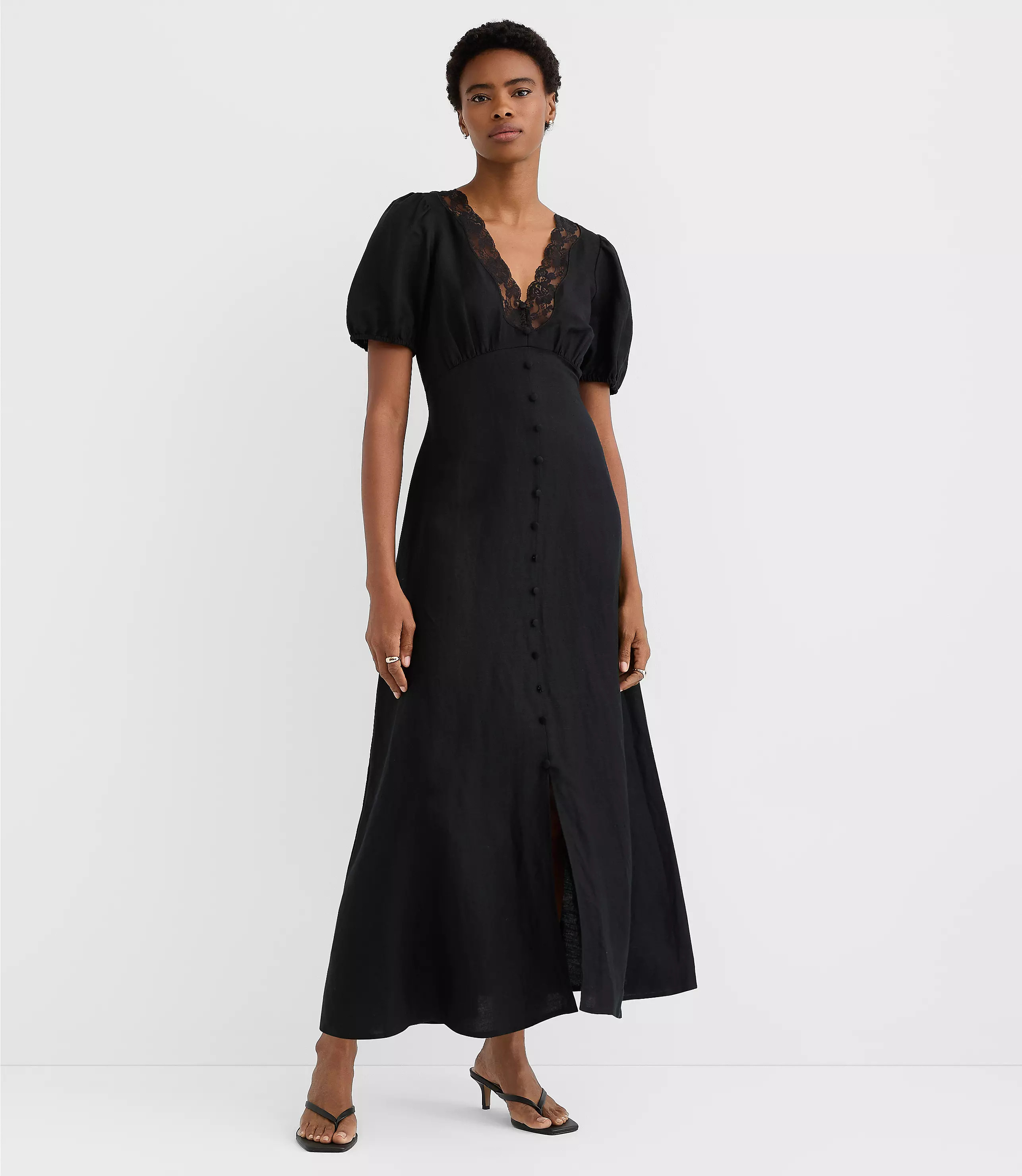 Lace Trim Linen Blend Midi Dress | LOFT