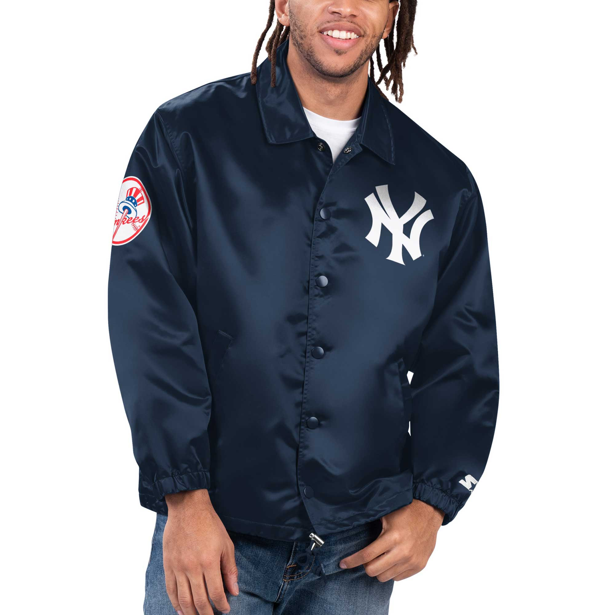 Men's New York Yankees Starter Navy Option Route Satin Full-Snap Jacket | MLB Shop