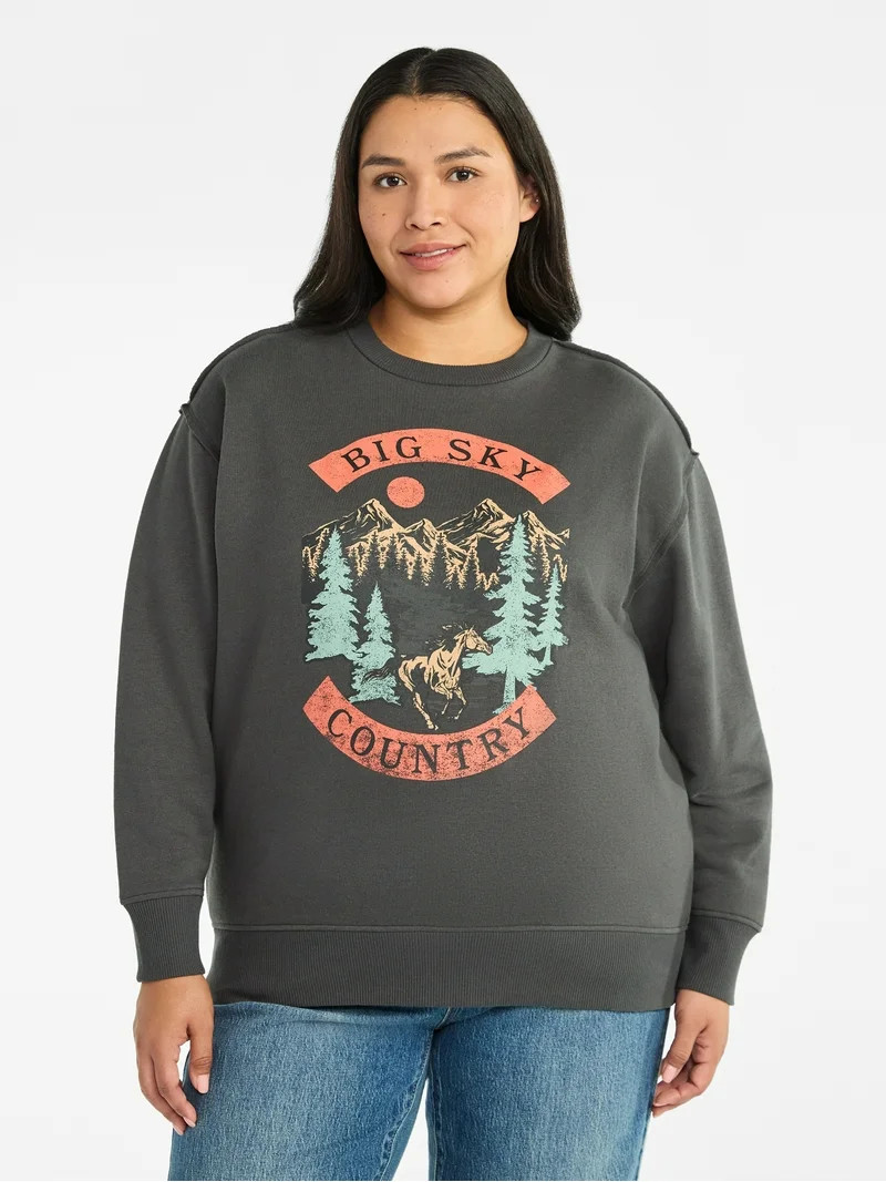 Terra & Sky Women's Plus Size Big Sky Midwest Graphic Sweatshirt with Long Sleeves, Sizes 0X-4X -... | Walmart (US)
