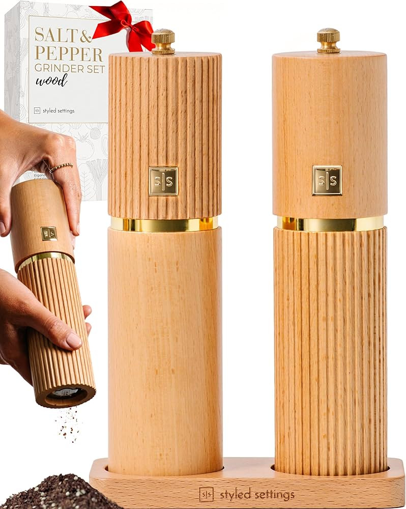 Styled Settings Wooden Salt and Pepper Grinder Set with Gold Accents – Refillable Wooden Manual... | Amazon (US)