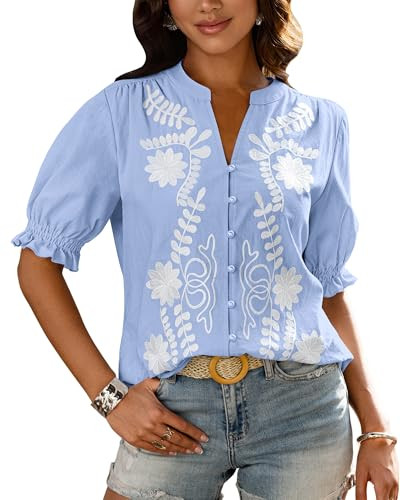 BTFBM Women's 2026 Spring Tops Casual Floral Boho V Neck Puff Short Sleeve Button Down Shirts Emb... | Amazon (US)