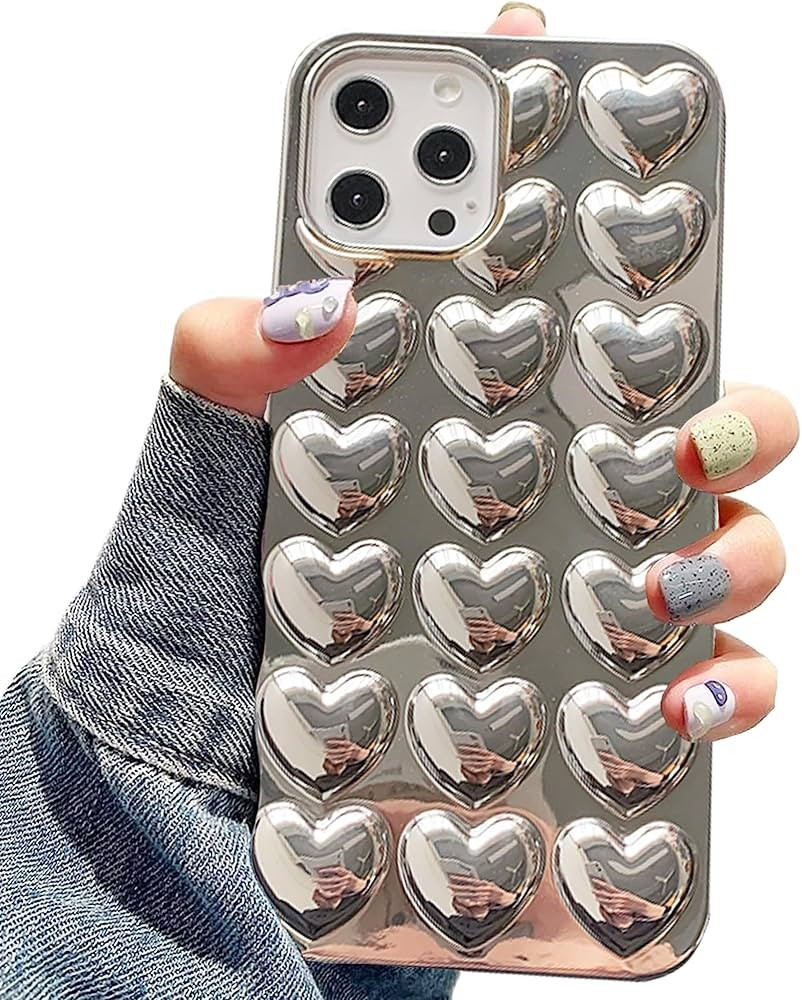 Compatible with iPhone 14 Pro Max case for Women and Girls Shiny and Cute Silver Chrome Hearts Ph... | Amazon (US)