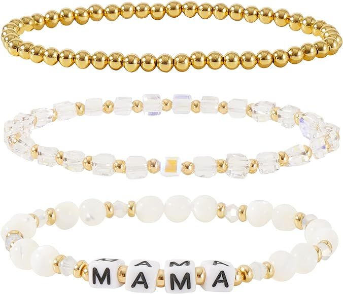 MAMA Bracelet Dainty Gold Crystal Beaded Bracelets Set for Women Stackable 14K Gold Plated Beads ... | Amazon (US)