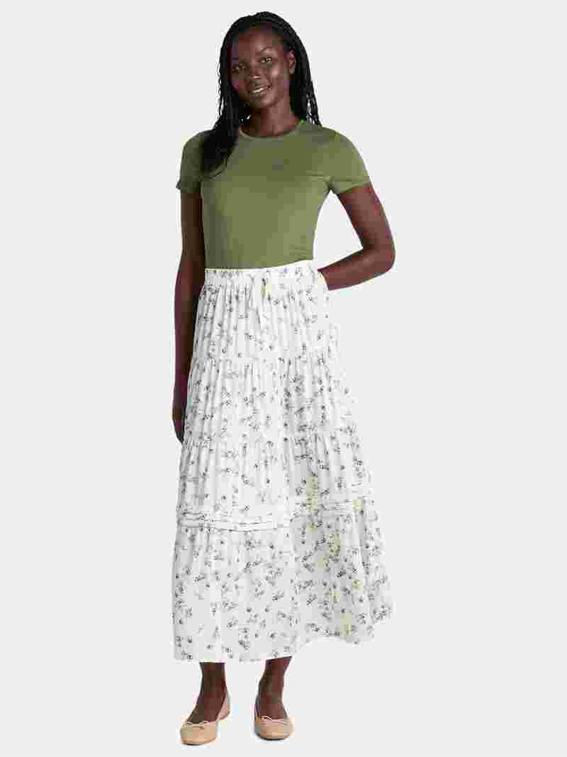 Time and Tru Women's Printed Tiered Midi Skirt, Sizes XS-XXXL | Walmart (US)