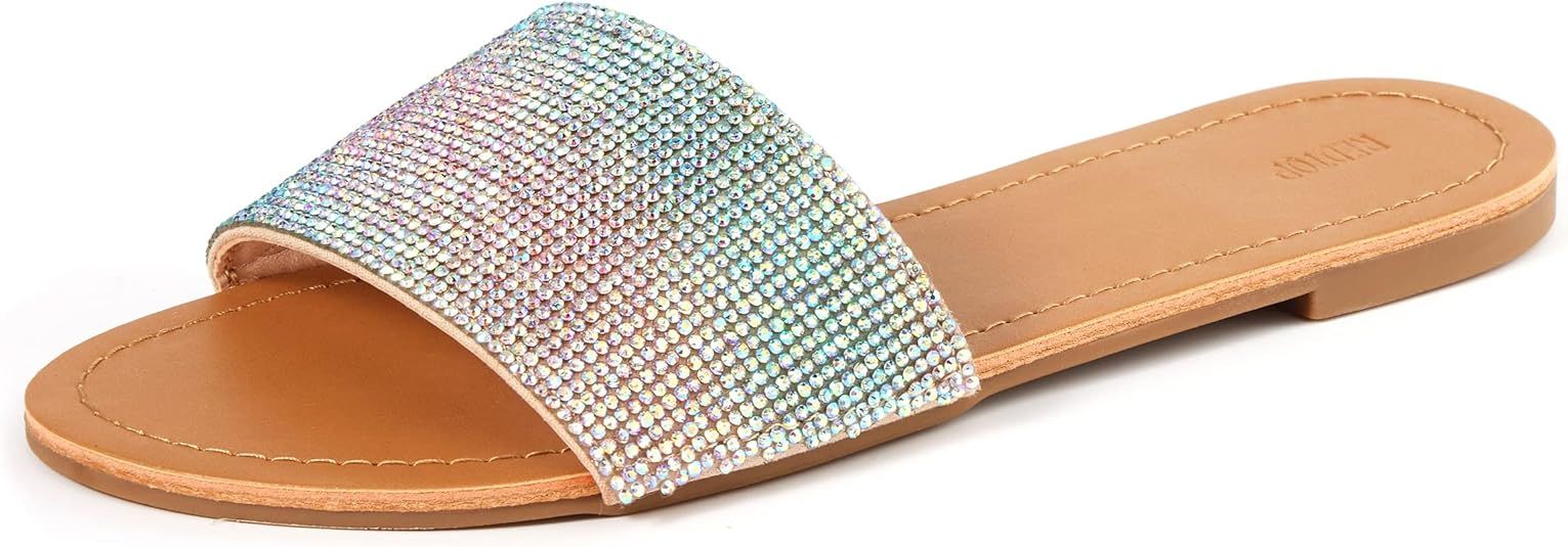 REDTOP Women's Rhinestone Sandals Slide Glitter Bling Casual Sandal Flat Open Toe Sparkle Slides | Amazon (US)