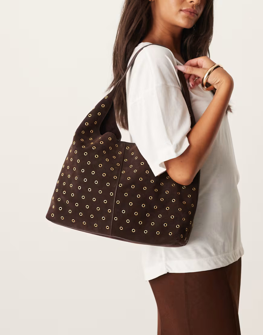 Mango suede eyelet large shoulder bag in dark brown | ASOS (Global)